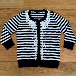 Talbots Black and White Striped Cardigan with Floral Details, P(XS)